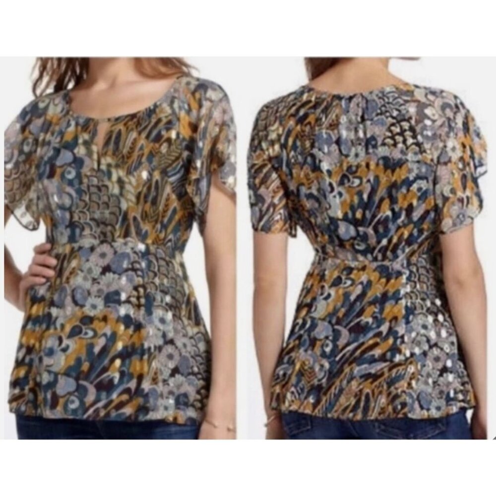 Anthropologie HD in Paris Peacock Prisma Blouse Lined US 8 Peplum Floral Top